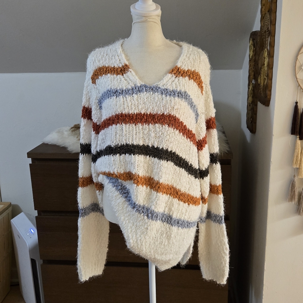 MACARON Women's V-Neck Sweater with Stripes - Cream, Orange, Blue, Black
